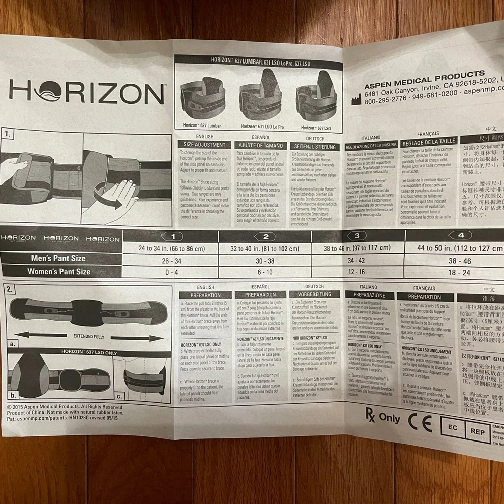 New Aspen Horizon 637 LSO Back Brace #993730 One Size Fits Most Adjustable